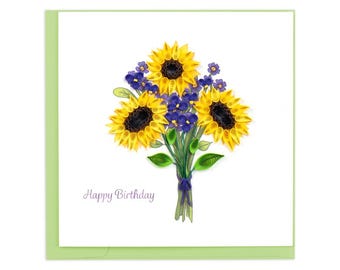 Quilled Birthday Sunflower Bouquet Greeting Card – Handmade Floral Paper Art, 3D Sunflower Design, Cheerful Birthday Card, Blank Inside