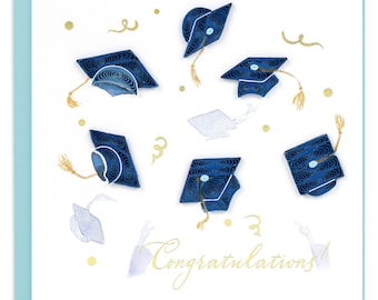 Quilled Congrats Grad Caps Greeting Card – Handmade Paper Art, Vibrant 3D Design, Congratulations New Grads, Blank Inside