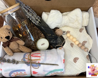 New Mom and Baby Gift Box for Women After Birth, Newborn Boys, Girl, Gift Basket, Postpartum Care Package, rainbow baby with greeting card