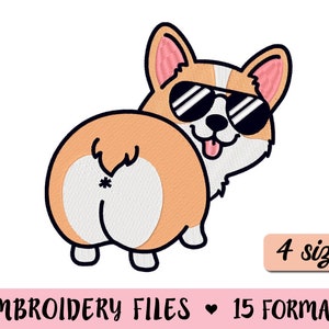 Corgi Butt Embroidery file 4 sizes Funny Corgi Sunglasses Dog embroidery machine design Cute Animal Pet Adults Kids Shirt Face Mask Boy Dad