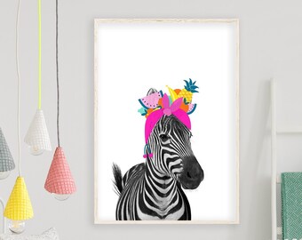 Zebra Nursery Print, Animal Nursery Print, Baby Room Animal Wall Art, Zebra Wall Art, Hippo Nursery Wall Art, Carmen Miranda, Zebra Art
