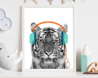 Tiger Nursery Print, Animal Nursery Print, Baby Room Animal Wall Art, Tiger Wall Art, Tiger Nursery Wall Art, Headphone, Tiger Print