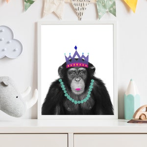 Impresión del vivero del chimpancé, impresión del vivero animal, arte de la pared del animal de la habitación del bebé, arte de la pared del chimpancé, arte de la pared del vivero del chimpancé, princesa, impresión del arte del chimpancé