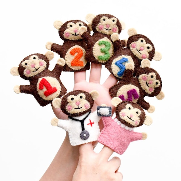 5 Little Monkey's Jumping on the bed. Rhyme. Nursery Rhyme Puppets.  Animal Finger puppets. Felt Animal Puppets. Monkey Puppets, Felt puppet