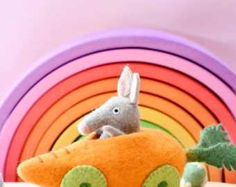 Bilby in carrot car - felt toy - wool Easter toy