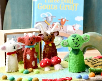 Billy Goats Gruff Felt Animal Puppets. Animal Felt toys. Kids Felt Toys. Australian Animal Toy, Wool Puppet. story book puppets