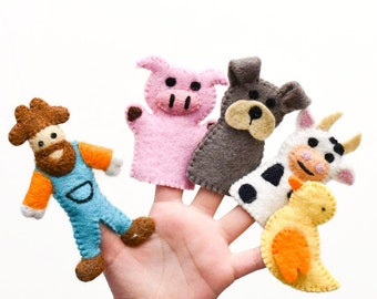 Set Ein Alter McDonald hatte einen Bauernhof Tiere Fingerpuppen. Filzpuppen. Schaf, Henne, Pferd, Ziege, Bauernhof Tiere Filzpuppe. Tiere Puppe