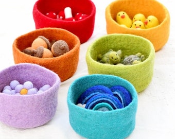 Felt Large rainbow baskets, felt storage baskets, set of 6 felt baskets, felt bowls