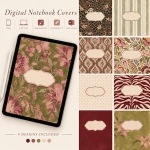 Puede incluir: Una colección de portadas digitales para cuadernos con nueve patrones distintos, incluyendo flores, estampado de leopardo, rayas, lunares y texturas sólidas. Cada diseño incluye una etiqueta central de color crema para texto. Compatible con iPad, portátil, Woodnotes, Notability y OneNote.