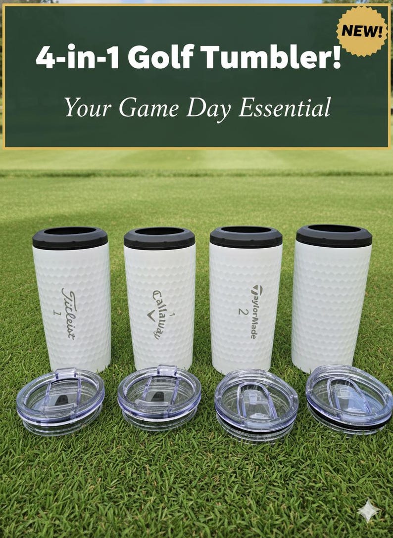 May include: Four white golf ball textured tumblers with black rims and clear lids are displayed on green grass. The tumblers have the logos of golf brands Titleist, Callaway, and TaylorMade. The text "4-in-1 Golf Tumbler!" and "Your Game Day Essential" are at the top.