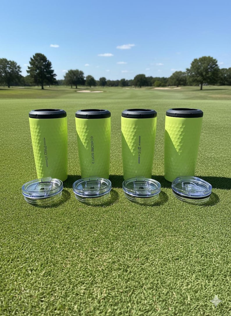 May include: Four lime green insulated tumblers with black rims and clear lids are arranged on a golf course. The tumblers have a textured surface and the text "PRO V1", "4 CHROME SOFT", and "T-5" are printed on them.