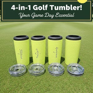 May include: Four golf-themed tumblers with lids, arranged on green grass. The tumblers are light green with a dimpled texture, resembling golf balls. Each tumbler has a black rim and a brand name printed on it. The text "4-in-1 Golf Tumbler! Your Game Day Essential" is displayed.