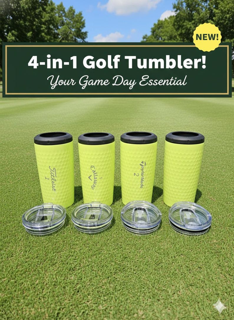May include: Four golf-themed tumblers with lids, arranged on green grass. The tumblers are light green with a dimpled texture, resembling golf balls. Each tumbler has a black rim and a brand name printed on it. The text "4-in-1 Golf Tumbler! Your Game Day Essential" is displayed.