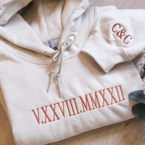 Custom Embroidered Roman Numeral Hoodie, Personalized Couples Gift, Anniversary Gift, Bachelorette Gift, Couples Hoodie, Valentaine's Day