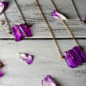 Purple Aura/Titanium Crystal Quartz Necklace - Healing Crystal Jewelry - Silver/Gold Chain - Bar Necklace - Jewelry - Choose Length -