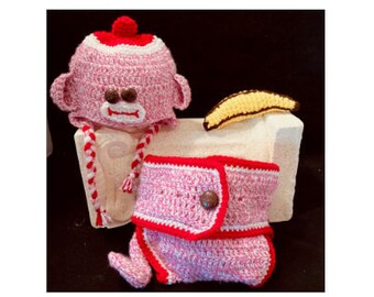 Hand Crocheted Sock Monkey Hat/Diaper Set |  Sock Monkey Hat/Diaper Cover | 3 pc Photo Prop Set | Unique Photo Props Set | Girl Photo Props