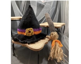Hand Crocheted Witch Hat and Broom | Halloween Costume | Photo Prop for Baby | Witch Accessories | Baby Girl Costume
