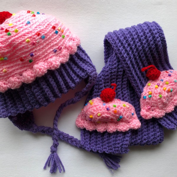 Hand Crocheted Cupcake Hat and Scarf Set | Handmade Hat | Handmade Scarf | Cute & Fun Hats | Unique Childs Hat | Warm Winter Hats |