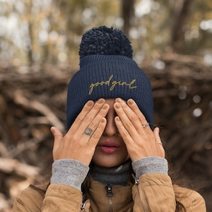 good girl POM-POM beanie, old-gold embroidery, call me a good girl, reader gift, book lover, spicy book lover, dark romance, smut lover gift
