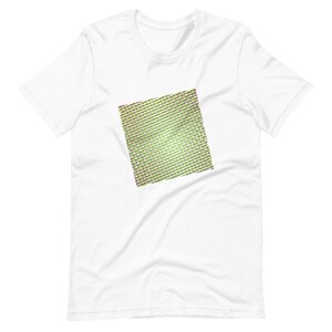 May include: White t-shirt with a green and yellow pixelated design.