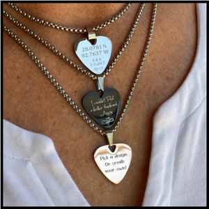 May include: Three heart-shaped pendant necklaces with engraved text and attached to silver chains. The top pendant displays coordinates and a date. The middle pendant reads "I couldn't pick a better husband." The bottom pendant says "Pick a design or create your own!"