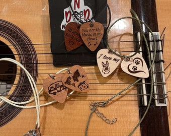 Wood Picks Necklace, Guitar Pick Jewelry, Engraved Guitar Pick, Two 1/16th” thick custom guitar pick, Stocking Stuffer, Christmas Gift