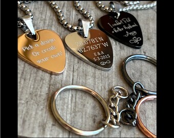 Personalized Guitar Pick Necklace or Keychain, Engraved Stainless Steel Pick, Custom Name/Message, Musician Gift