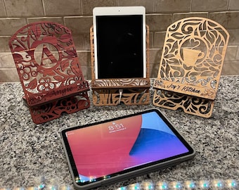 Personalized Tablet Stand, Wooden iPad Holder, Custom Engraved Monogram or Logo, Desk Kitchen Counter Stand, Cookbook Holder