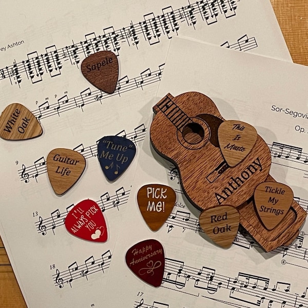 2 Personalized Wood Guitar Picks, Decorative wood 1/16th thick, Stocking Stuffer, Musician gift, Guitar Pick, Custom Pick, Music Accessory