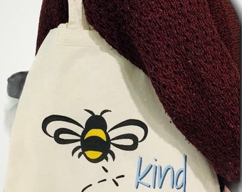 Bee Kind Book Bag - Cute Bumblebee Tote, Perfect Gift for Bee Lovers, Reusable Market Bag, Eco Friendly Book Bag, Bee Kind Book Bag