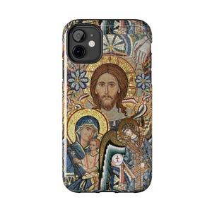 May include: A phone case featuring a mosaic design with religious figures. The case displays a central image of a man with a halo, surrounded by other figures and floral patterns. The case is black with a glossy finish.