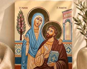 St. Augustine and St. Monica Orthodox Icon | Handpainted and Printed on wood |Various sizes available