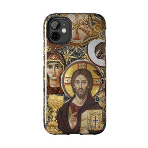 May include: A phone case with a mosaic design depicting religious figures and symbols. The design includes a depiction of Jesus with a halo, a chalice, and other religious symbols. The case has a black border and a glossy finish.