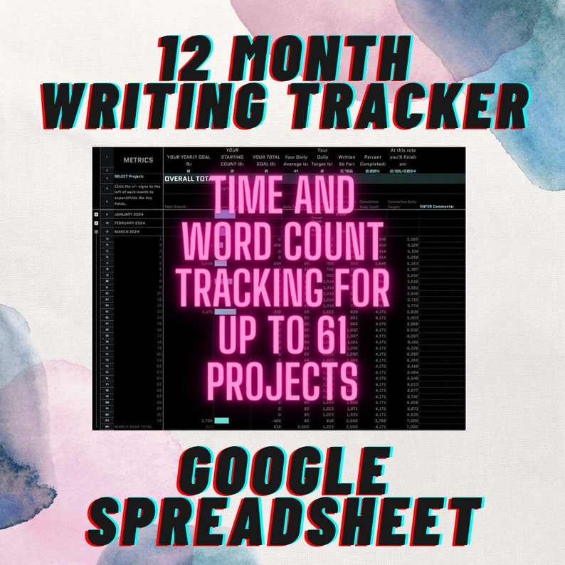 12 Month Writing Tracker Word Count Tracker Minutes and Hours Time Tracker Goal Tracker NaNoWriMo, Camp NaNo, Novel Challenge image 1