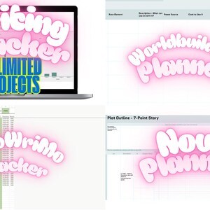 May include: A digital spreadsheet interface displayed on a laptop screen and monitors, featuring text overlays that read Writing Tracker Unlimited Projects, Worldbuilding planner, NaNoWriMo Tracker, and Novel planner in a pink glowing font style.