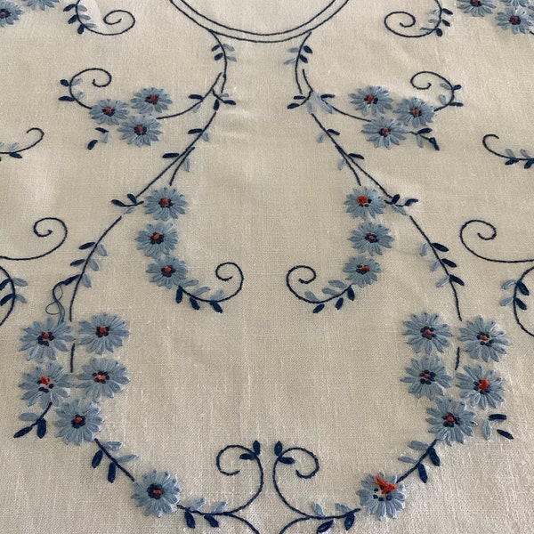 Romantic Sapphire Blue Hand Embroidered Tablecloth 68” Floral Design Cottage Farmhouse Home Decor Vintage Table Linen Bridal Reception Nice