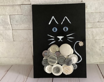 Button Cat Art: Whimsical Kitty Halloween Decor (5x7)