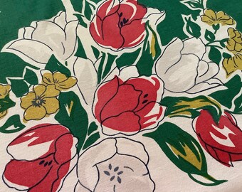 Tranquil Tulips Vintage Tablecloth Over Print Silhouette Style Bold Green & Red Mid Century Retro Farmhouse Home Decor Cottage Chic Pretty