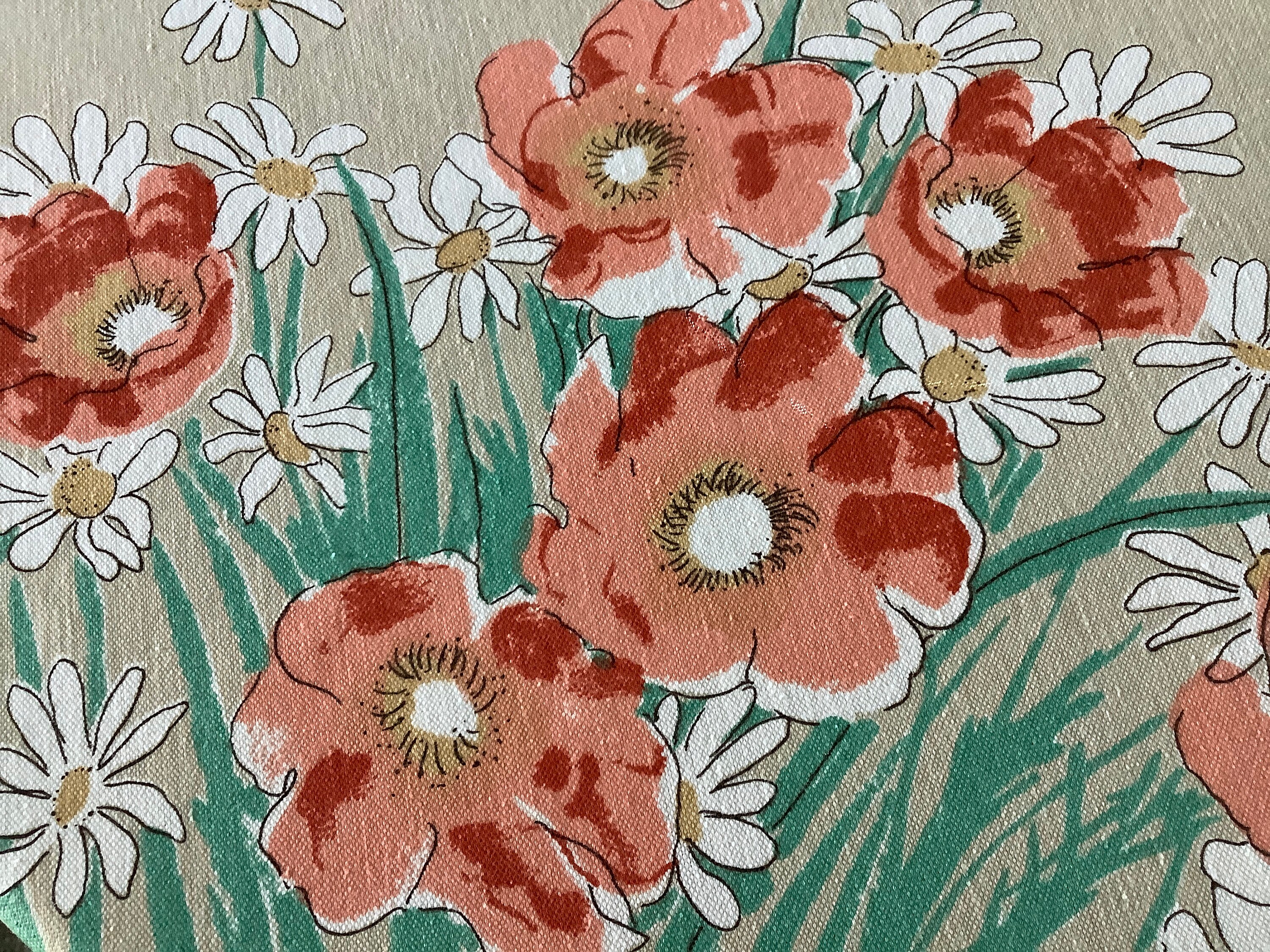 Vintage VERA Neumann Tablecloth Poppies Daisies Spring Flowers Orange Beige Green White Table Linen Mid Century Retro Home Decor So Pretty