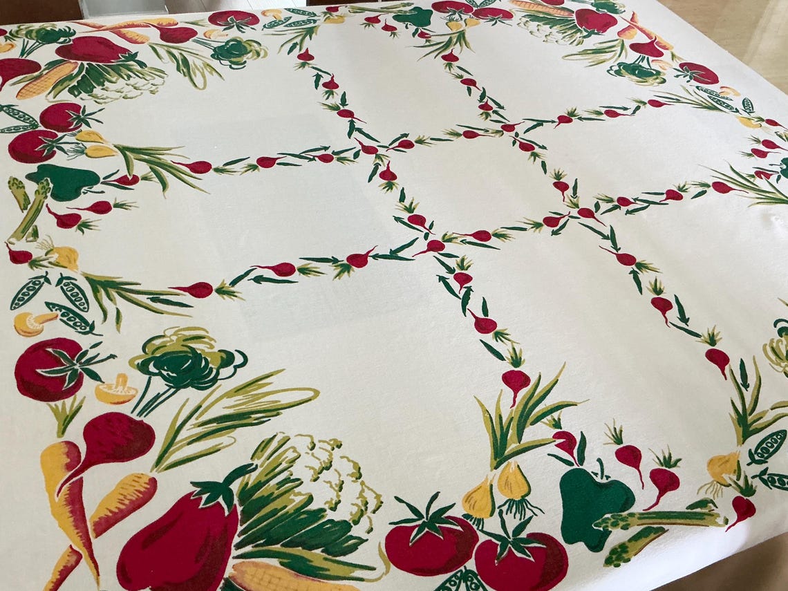 Vintage Simtex Vegetable Tablecloth Garden Veggies Dramatic Colors Mid ...