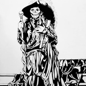 May include: Black and white illustration of a skeletal figure wearing a feathered hat and a long coat, holding a staff with a skull at the top. The figure is standing on a set of stairs.