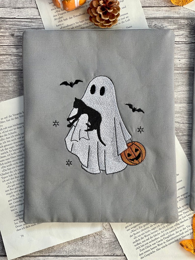 Geist Halloween Katze Buchhülle bestickt Buchtasche Booksleeve Book Cover Hülle für iPad Bullet Journal Planer Tablet Geist mit Katze