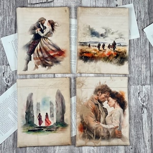 Może przedstawiać: Zestaw czterech akwarel na płótnie przedstawiających sceny z historycznej powieści romantycznej. Obrazy przedstawiają tańczącą parę, grupę ludzi idących przez pole, dwie osoby stojące przed kamiennym kręgiem i parę obejmującą się.