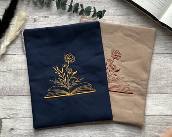 Buch mit Blumen | Bibliophile | Romance | Buchhülle bestickt | Booksleeve Buchumschlag Buchtasche Hülle iPad Journal Planer Tablet