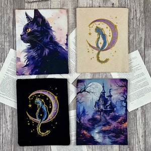 Katze | Mond | Buchtasche bestickt | Buchhülle Booksleeve Buchumschlag Hülle iPad Journal Planer Tablet Hülle Hexen Halloween