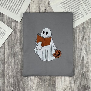 Geist Halloween Katze Buchhülle bestickt Buchtasche Booksleeve Book Cover Hülle für iPad Bullet Journal Planer Tablet Geist mit Buch