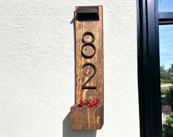 Solar House Number Planter, House Numbers Sign Planter, Solar LED address Sign, Vertical Address Sign, House Address Plaque