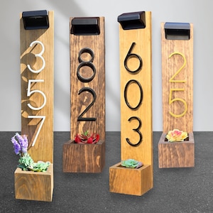 Solar House Number with Planter, House Numbers Sign, Solar LED address Sign, Vertical Address Sign, House Address Plaque