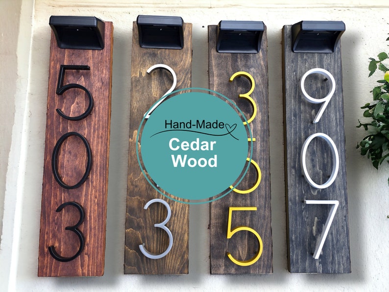 Cedar Solar House Numbers, Modern House Number Sign, Metal House Numbers, Modern Address Sign, Wood Address Plaque image 2