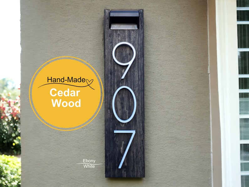 Cedar Solar House Numbers, Modern House Number Sign, Metal House Numbers, Modern Address Sign, Wood Address Plaque image 1